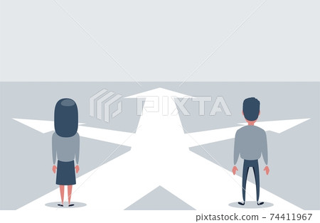 Confused newlyweds are standing at a crossroads , in front of arrows as symbol for choice, career path or opportunities, business concept decision. Vector flat illustration. 74411967