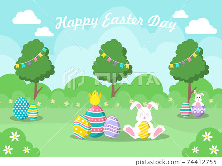 Happy Easter Day Flat Design Illustration Background for Poster, Invitation, and Greeting Card. Rabbit and Eggs Concept. Happy Easter Day Flat Design Illustration Background for Poster, Invitation, and Greeting Card. Rabbit and Eggs Concept. 74412755