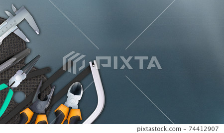 Tools of locksmith 3d composition, set isolated on metal workbench. Hand locksmithing craft 74412907