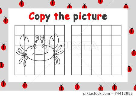 Copy the picture. Educational game for children. Cute crab. Drawing activity for kids. Colorful cartoon vector illustration. 74412992