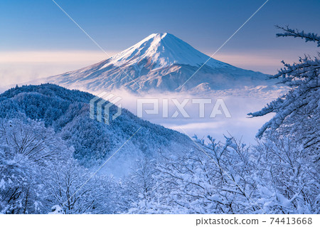 《山梨縣》富士山和樹上的霧rim ・日本的冬季風景 74413668