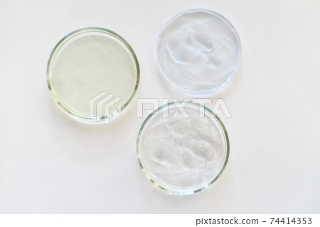 three glass Petri dishes on a laboratory table. three glass Petri dishes on a laboratory table. 74414353