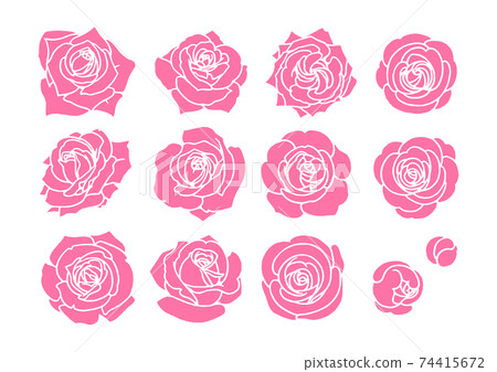 [Hand-drawn vector illustration material] Stencil-style rose illustration set Solid painting 74415672