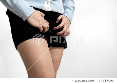 Female people scratching crotch with leucorrhoea,vaginitis,burning itchy genital,vaginal itching and unpleasant smell,problems of bacterial vaginosis,leukorrhea,gynecological and health care concept 74416060