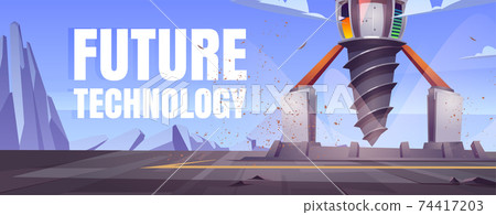 Future technology cartoon banner with drilling rig 74417203