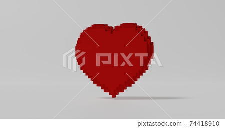 Pixel shaped 3D red heart with shadow on white, 3D rendering 74418910
