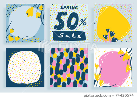 Spring floral pattern for social media posts about discounts. Copy space for text. Set Spring floral pattern for social media posts about discounts. Copy space for text. Set 74420574