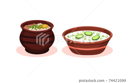 Soups Served in Ceramic Bowl or Pot and Garnished with Potherb Vector Set Soups Served in Ceramic Bowl or Pot and Garnished with Potherb Vector Set 74421099