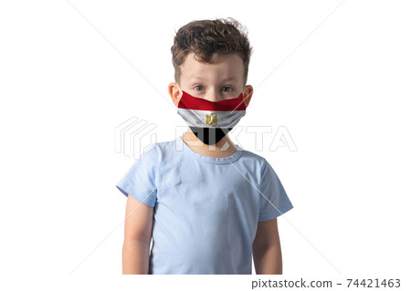Respirator with flag of Egypt White boy puts on medical face mask isolated on white background Respirator with flag of Egypt White boy puts on medical face mask isolated on white background 74421463