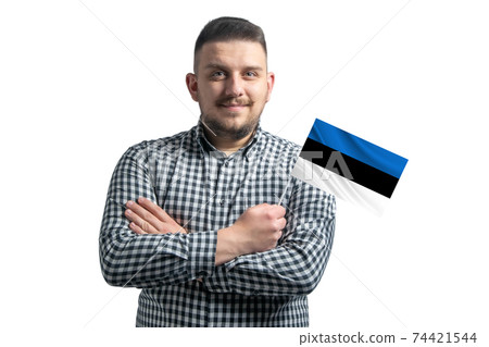 White guy holding a flag of Estonia smiling confident with crossed arms isolated on a white background White guy holding a flag of Estonia smiling confident with crossed arms isolated on a white background 74421544
