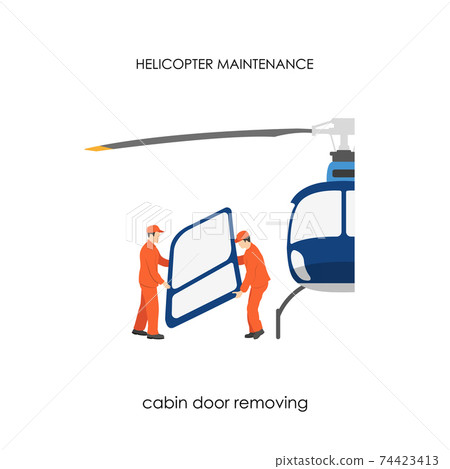 Repair and maintenance of helicopters. Cabin door removing. Airplane service. Industrial image 74423413