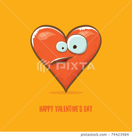 Vector Valentines day greeting card with funny cartoon heart character isolated on orange background. Conceptual valentines day comic funky kids poster or banner 74423984