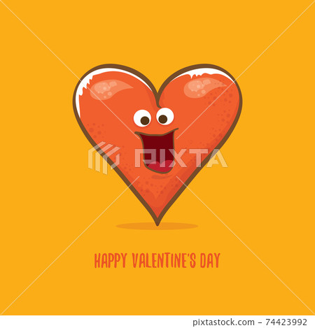 Vector Valentines day greeting card with funny cartoon heart character isolated on orange background. Conceptual valentines day comic funky kids poster or banner Vector Valentines day greeting card with funny cartoon heart character isolated on orange background. Conceptual valentines day comic funky kids poster or banner 74423992