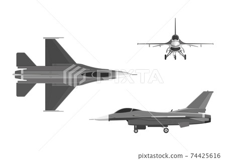 Military aircraft. Three views of airplane top, side, front. Isolated industrial drawing 74425616