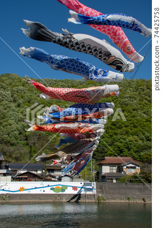 Spring feature of Yoshii-cho, Ibara-shi, Okayama Prefecture Odagawa crossing carp streamer 74425758