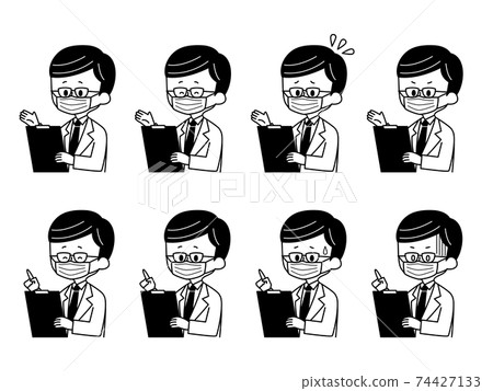 Facial expression set of a male doctor wearing a mask-black and white Facial expression set of a male doctor wearing a mask-black and white 74427133