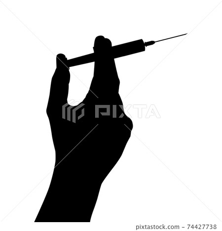 Black Hand silhouette holds a syringe with a vaccine. Vaccination Concept. Vector Illustration EPS10 74427738