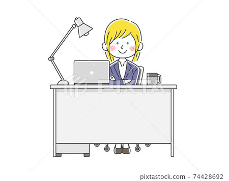 她的書桌上筆記本電腦上工作的白人商業婦女的插圖 她的書桌上筆記本電腦上工作的白人商業婦女的插圖 74428692