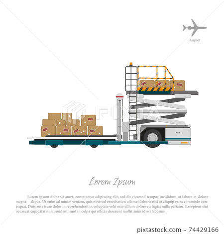 Airport scene. Cargo lift for loading goods and luggage. Car for servicing airplanes Airport scene. Cargo lift for loading goods and luggage. Car for servicing airplanes 74429166