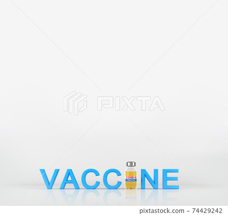 Vaccine typography and copy space. The word vaccine with the letter "i" replaced by a vaccine bottle. Concept for COVID-19 Vaccination. Isolated logo design on white background. stock illustration 74429242