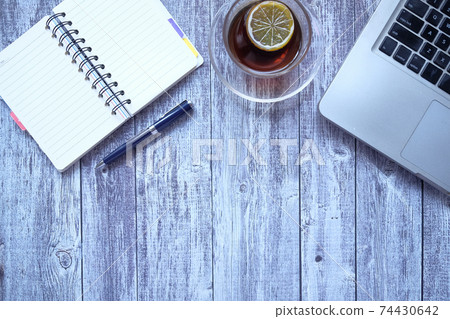 flat composition of laptop and office stationary on black desk flat composition of laptop and office stationary on black desk 74430642