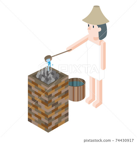 將芳香水灑在桑拿石上（Laureu）戴桑拿帽的女性桑拿房 74430917