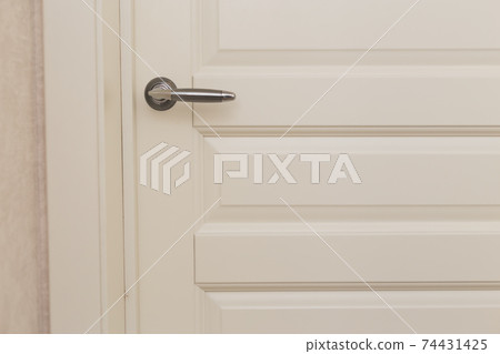 Classic white wooden milled door with chrome handle. White Scandinavian interior 74431425