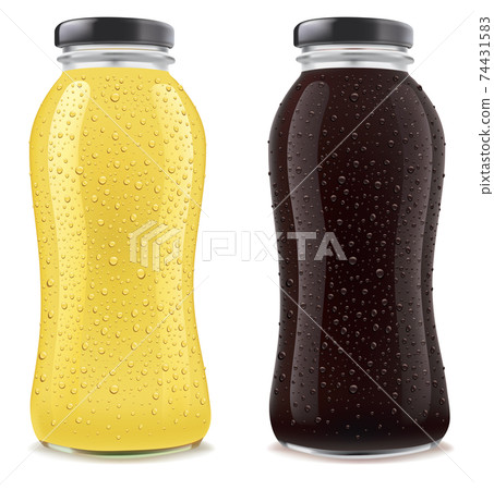 Bottles with many fresh ice drops isolated on white - yellow and dark Bottles with many fresh ice drops isolated on white - yellow and dark 74431583