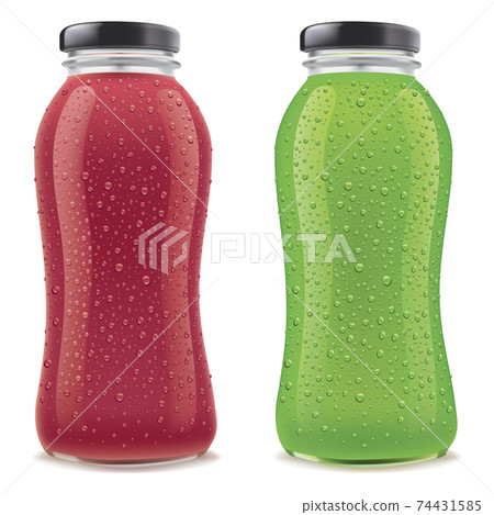 Juice Bottles with many fresh ice drops isolated on white - dark red and green Juice Bottles with many fresh ice drops isolated on white - dark red and green 74431585