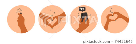 Set of vector illustrations. Heart shaped hands. Phone in hand sending like. Social media covers. Vector flat isolated illustrations for design. 74431645