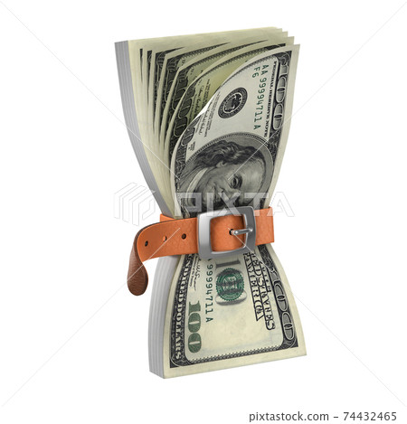 dollars with tighten belt - financial crisis 3d concept 74432465