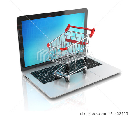 online shopping 3d concept, laptop with shopping cart online shopping 3d concept, laptop with shopping cart 74432535