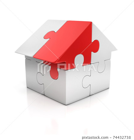 puzzle house one red piece 3d illustration 74432738