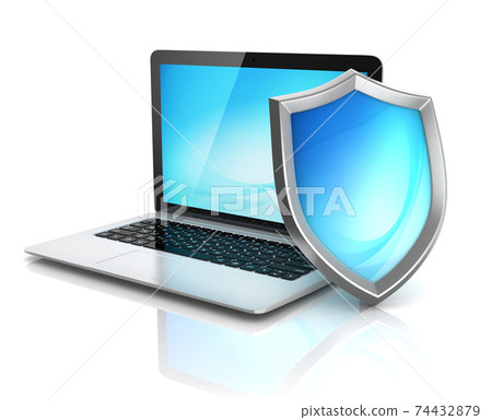 laptop with shield - internet security, antivirus or firewall 3d concept 74432879