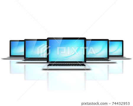 computer network 3d illustration - laptops on white background computer network 3d illustration - laptops on white background 74432953