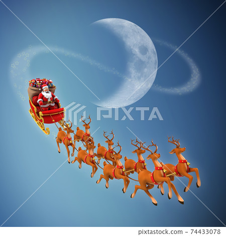 Santa Claus rides reindeer sleigh on Christmas 74433078