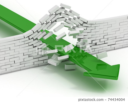arrow breaking brick wall abstract 3d illustration - power solution 3d concept - infiltration - success metaphor arrow breaking brick wall abstract 3d illustration - power solution 3d concept - infiltration - success metaphor 74434004