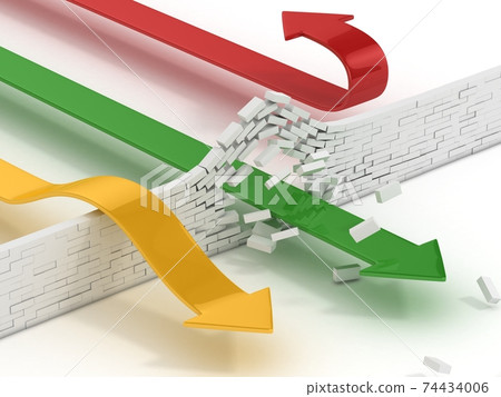 arrows breaking or passing brick wall abstract 3d illustration - power solution 3d concept - success concept arrows breaking or passing brick wall abstract 3d illustration - power solution 3d concept - success concept 74434006
