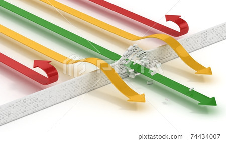 arrows breaking or passing brick wall abstract 3d illustration - power solution 3d concept - success concept arrows breaking or passing brick wall abstract 3d illustration - power solution 3d concept - success concept 74434007