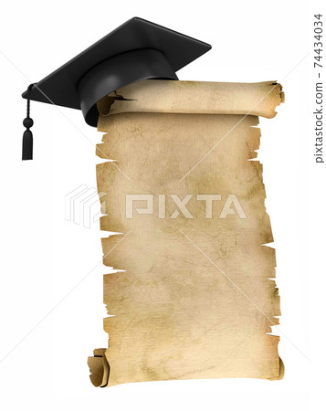 Graduation Cap on the top of old parchment - certificate or diploma template 74434034
