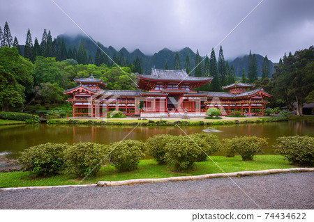 Beautiful Byodo-In Temple with the Koolau mountains in the Valley of the Temples on Oahu, Hawaii Beautiful Byodo-In Temple with the Koolau mountains in the Valley of the Temples on Oahu, Hawaii 74434622