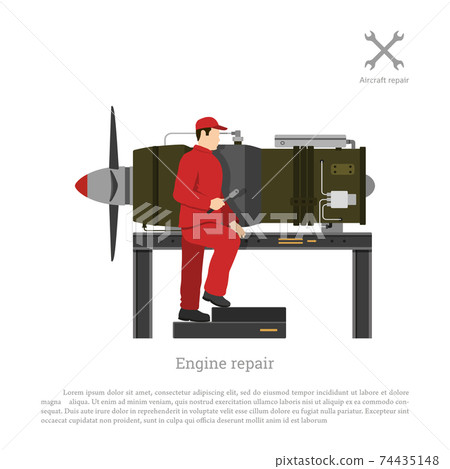 Repair and maintenance of aircraft. TMechanic repairing jet engine of airplane. Plane service 74435148