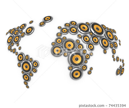 planet of sound 3d illustration - many loudspeakers forming the world map 74435394