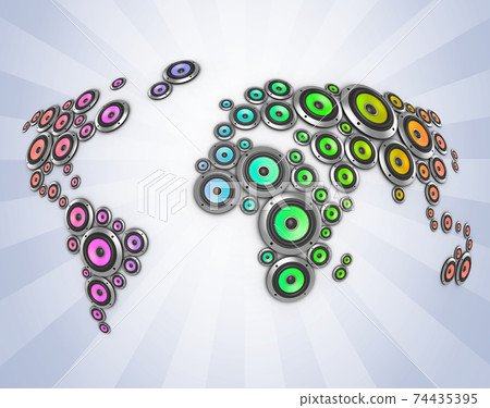 planet of sound 3d illustration - many loudspeakers forming the world map 74435395