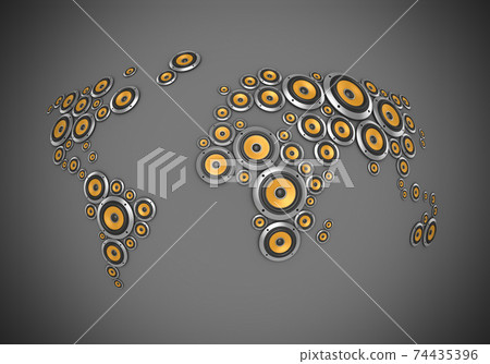 planet of sound 3d illustration - many loudspeakers forming the world map 74435396