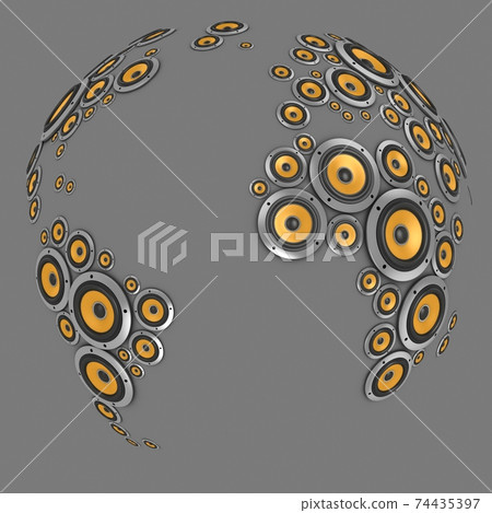 planet of sound 3d illustration - many loudspeakers forming the world map 74435397