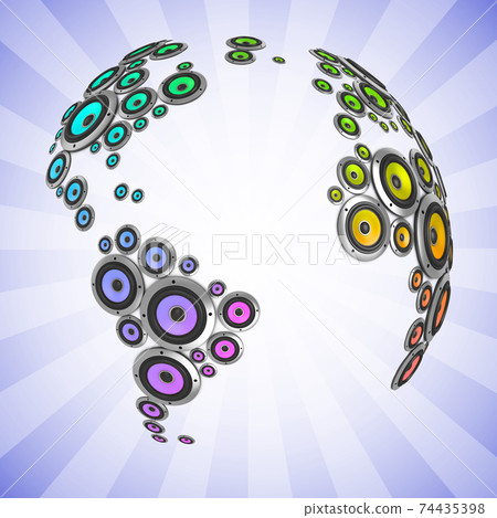 planet of sound 3d illustration - many loudspeakers forming the world map 74435398