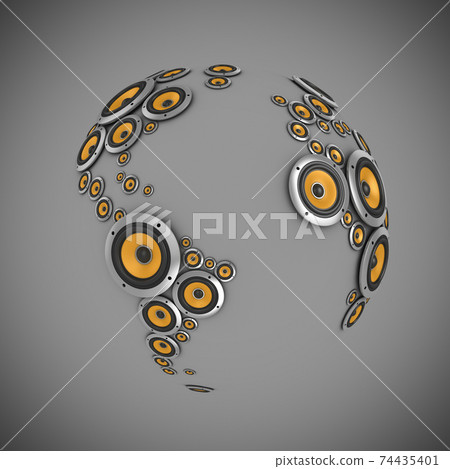 planet of sound 3d illustration - many loudspeakers forming the world map 74435401