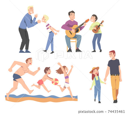 Happy Fathers Spending Time Together with Their Children Set Cartoon Style Vector Illustration Happy Fathers Spending Time Together with Their Children Set Cartoon Style Vector Illustration 74435461