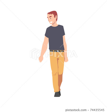 Smiling Walking Man Wearing Casual Clothes Cartoon Style Vector Illustration 74435545